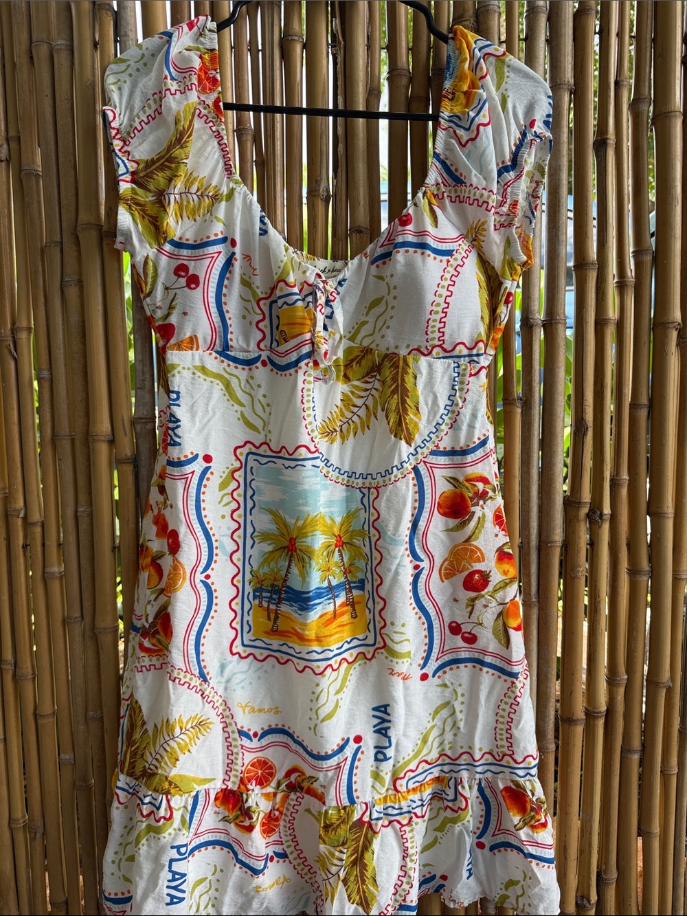 Derek Heart White Tropical Print Sundress with Blue, Yellow & Red Accents